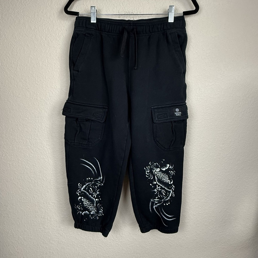 Ninth Hall Koi Fish Graphic Cargo Jogger Sweatpants Black Y2K Streetwear Sz L